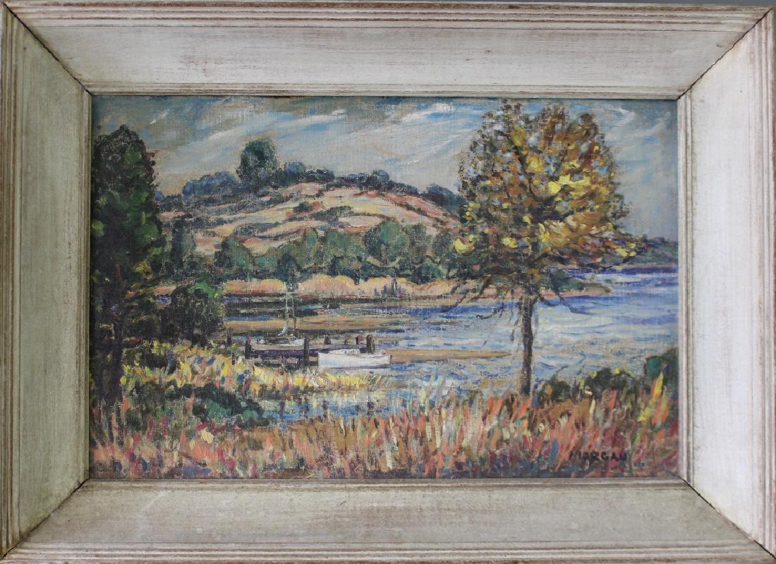 Franklin Townsend Morgan, 1883-1965, O/B: Franklin Townsend Morgan, 1883-1965 oil on board, boat at dock on lake with landscape, signed lower right, c. 1930, in shadowbox frame 23.25" x 17", colorful image with minor craquelure. Mr. Morgan wa