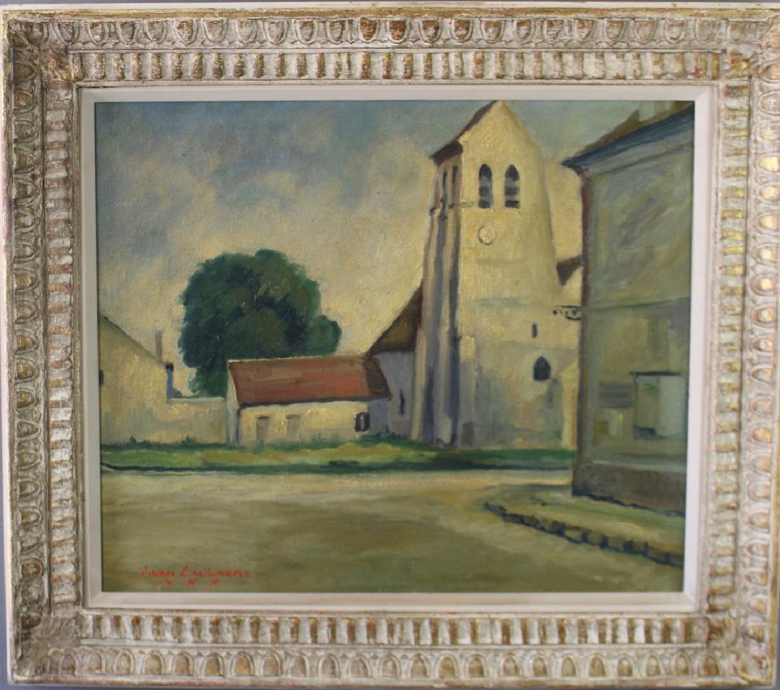 Jean-Dominique Van Caulaert, 1897-1979: Jean-Dominique Van Caulaert, 1897-1979, French, oil on canvas, view of clock tower in village, street scene with red rood buildings. Signed lower left, dated 1930, 33" x 28" whitewashed frame, very go