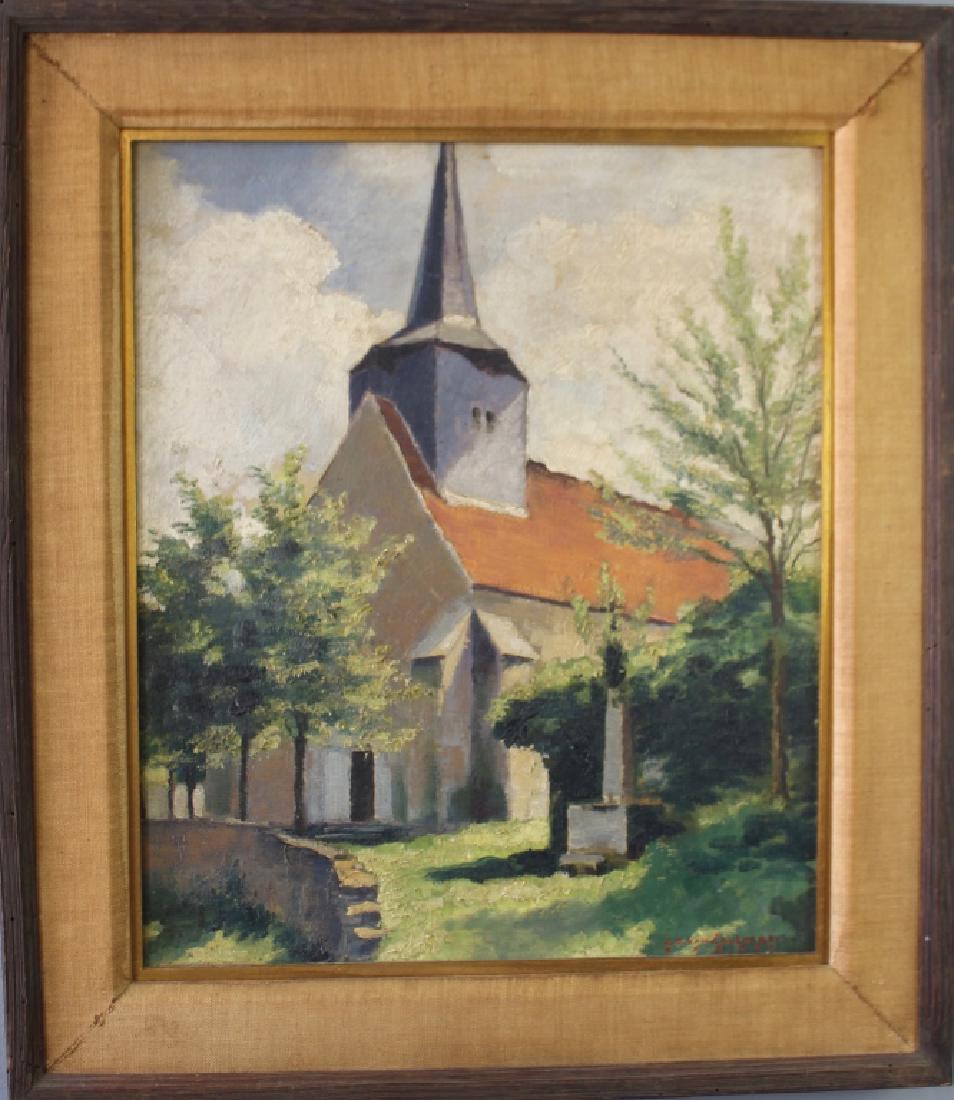 Jean-Dominique Van Caularet, 1897-1979: Jean-Dominique Van Caularet, 1897-1979, French, oil on canvas, French village church with steeple, courtyard, 25" x 28" frame (burlap border tattered at miters), French sticker en verso. Signed lower 
