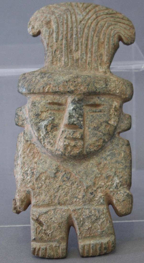 Pre-Columbian Mayan Male Figure: Pre-Columbian Mayan green hardstone carved male figure with headdress, c. 900-1000 AD, Mexico, carved and cut image of regular warrior with flat side, some chipping, wear and loss to raised portions c