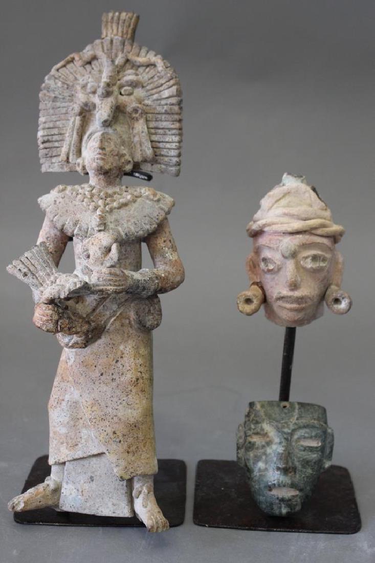 Mayan, Central Mexico Group (3): Mayan, Central Mexico group (3 pieces): carved green hardstone mask/face pendant, 3" x 2.5", repaired clay figural dignitary with full headdress, holding parrot, 12" tall and a figural head with adorn