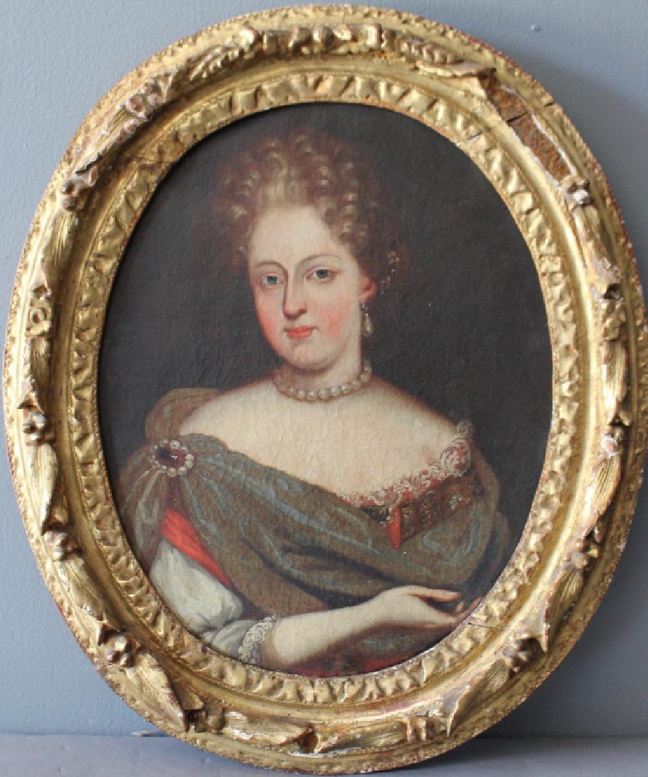 Portrait of Young Aristocratic Lady: Portrait of young aristocratic lady, c. early 1800s, 21" x 17" oval frame, one section of gesso outer wreath missing, relined, Newman Galleries, Philadelphia, en verso.