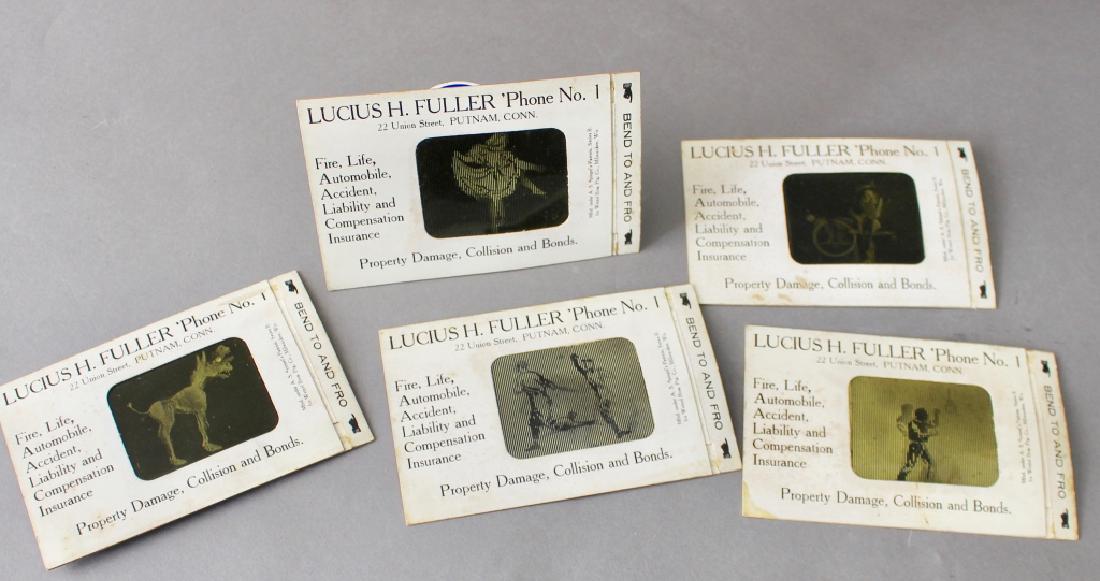 Group of Five Rare Magic Motion Postcards: Group of five rare Magic Motion postcards. These were produced by A. S. Spiegel for Wetzel Bros. Ptg, Co. Milwaukee, Wis. Advertisement for Lucius Fuller Insurance Co. Putnam, CT. c. 1910-1912. Includ