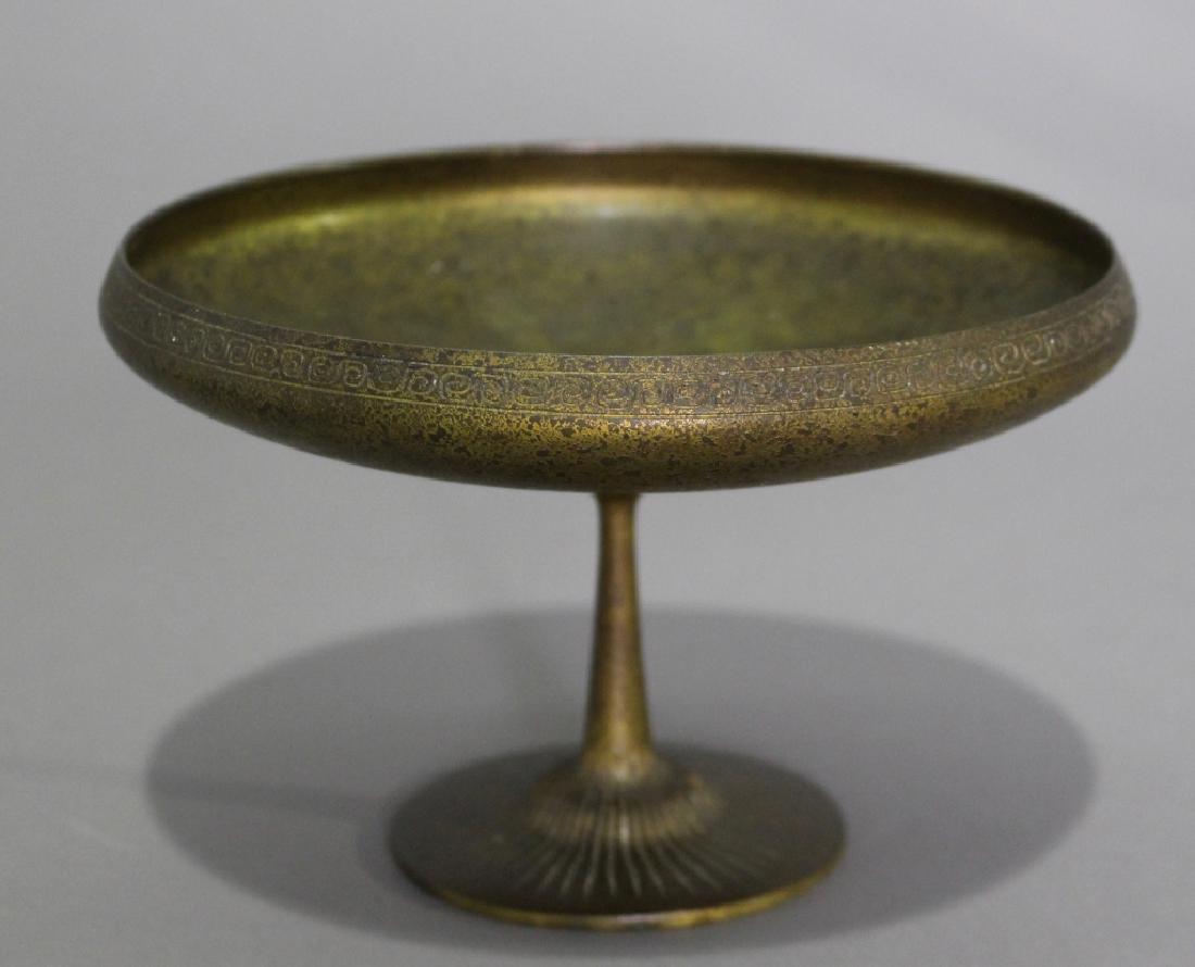 Tiffany Studios, New York, Gilded Bronze Compote: Tiffany Studios, New York, gilded bronze compote, #1724, 4.25" x 7" diameter, never polished, dark interior natural patina, good condition.