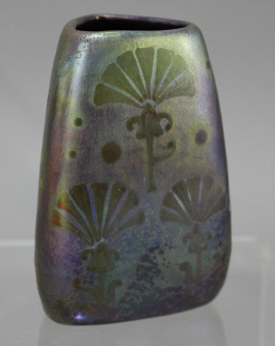 Weller Pottery Sicardo Cabinet Vase: Weller Pottery Sicardo cabinet vase, 3 sided, 4.25" tall, signed Sicard, good condition with kiln burns on base of 1 side (shown).