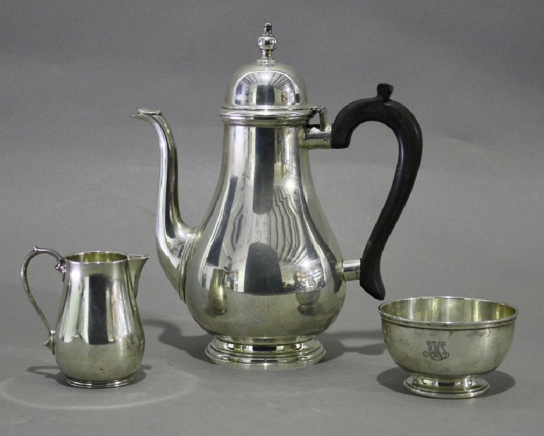 Tiffany & Co. Makers Sterling Coffee Service: Tiffany & Co. Makers sterling silver three piece coffee service, Queen Anne pattern, sugar bowl has monogram, pot is 9.75" tall, all in good condition. 32.5 ozt.