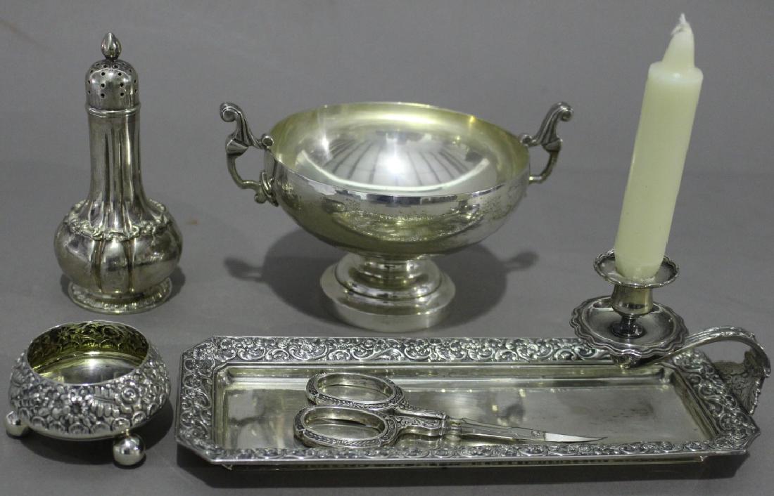 Group of Tiffany Silver: Group of Tiffany & Co. sterling silver: A heavy 7.9 ozt, footed bowl with 2 handles c. 1875-91, a Repousse footed master salt monogrammed, candle tray with candle holder and sterling scissors (scissor