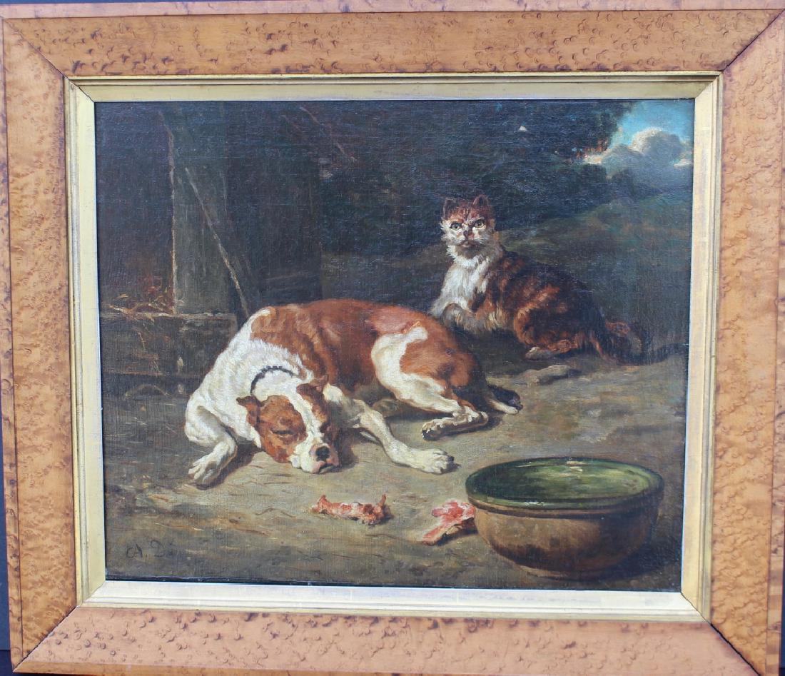 Albert Dreux, 19th Century O/C: Albert Dreux, 19th century oil on canvas laid on board, sleeping dog with food scraps and dish, an inquisitive striped cat peers from behind, artist's initials "A.D." lower left, 23.5" x 20.5" birds e