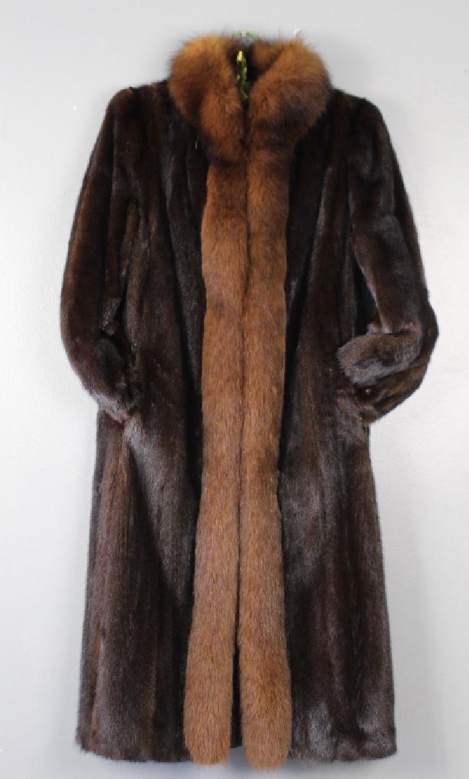 Fine 3/4 Length Mink Coat: Fine 3/4 length mink coat with contrasting collar that extends the entire length of coat, fitted cuffs, 2 pockets, 48" long, sleeve 24", medium size, no label, good condition.