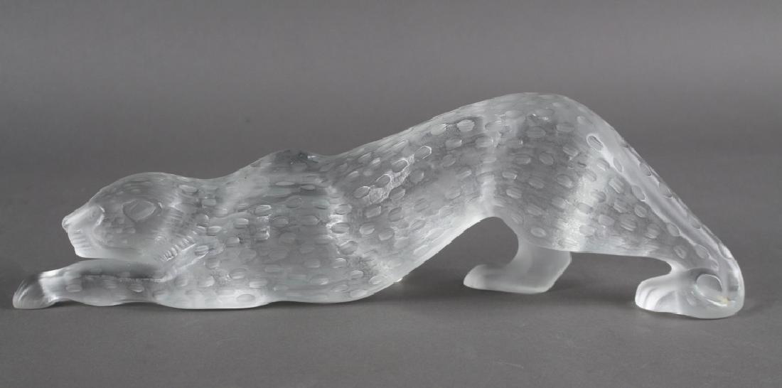 Lalique Figural Crouching Leopard: Lalique, France figural crouching leopard, 2 etched signatures, 14.5" long x 4" tall, mint condition. Dated 3-12-90, signed with designers cipher "CM".
