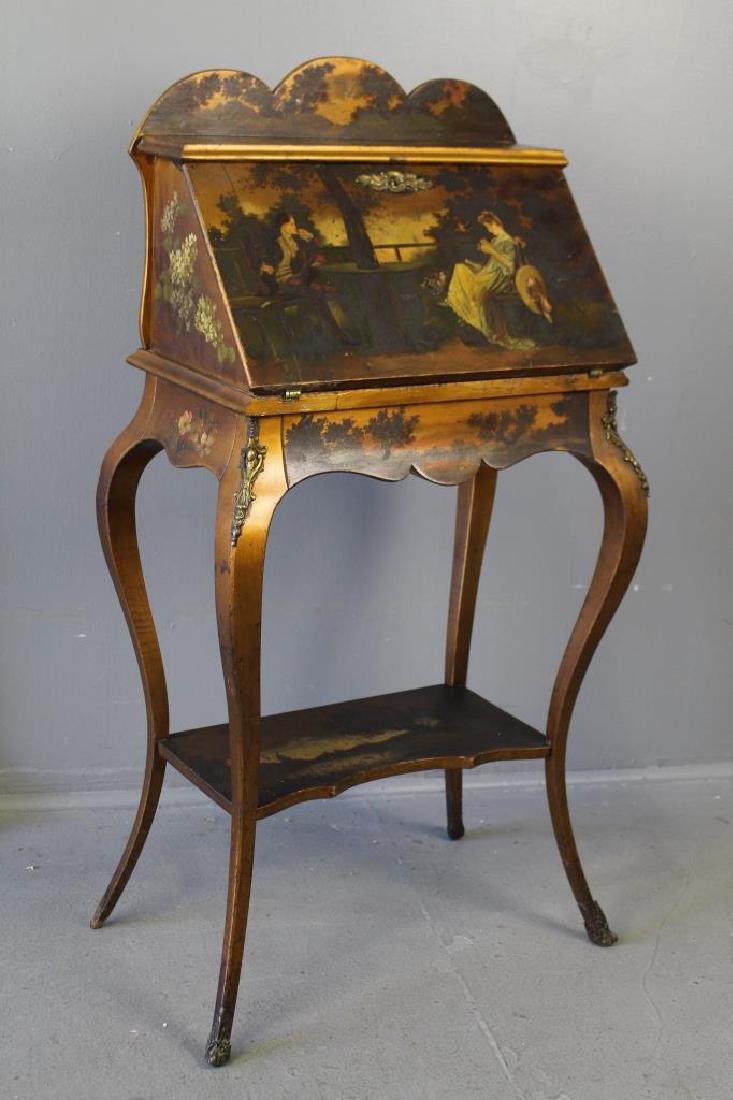 Petite French Lady's Desk: Petite French lady's writing desk, scenic classical themes hand painted all over cabinet, drop-front lid revealing shelf, pentray, and ink bottle holder, 42" x 22" x 13.5", wear and stains (inside).
