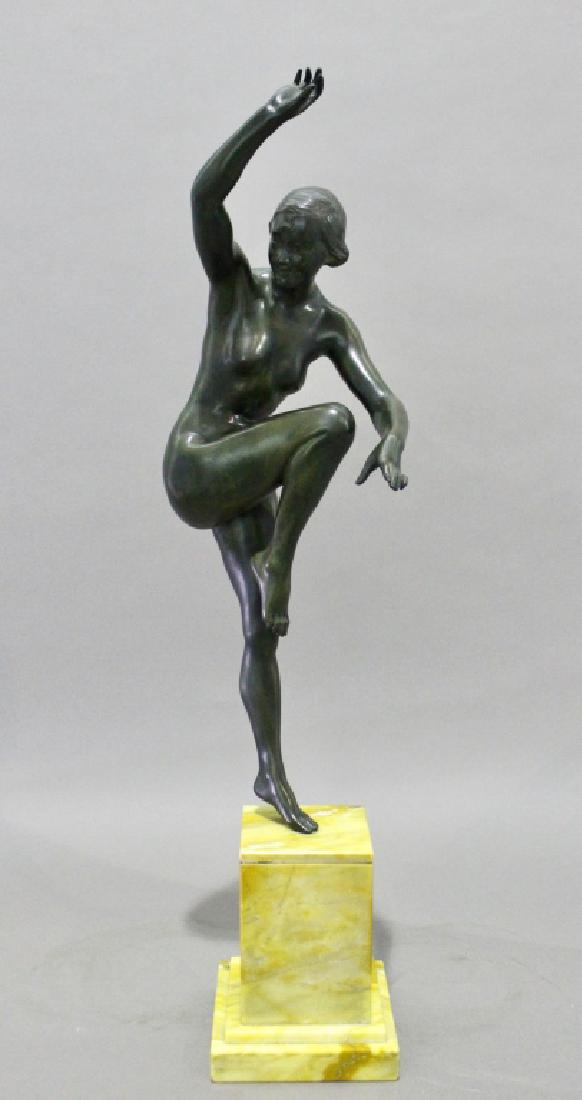 Louis Riche, 1877-1949, French Bronze: Louis Riche, 1877-1949, French sculpture, extremely nice dancing Art Deco nude sculpture on stacked yellow marble plinth, this is one of his better original works, c. 1924, signed on left foot, excell