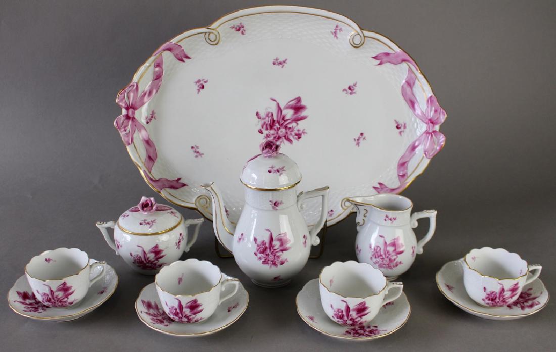 Herend Hand Painted Tea Service: Herend hand painted 12 piece tea service, early pattern 1914-1928, 16" platter, demitasse pot, creamer, sugar, 4 cups and saucers, blue ink mark, all in excellent condition, pot is 6.5" tall.