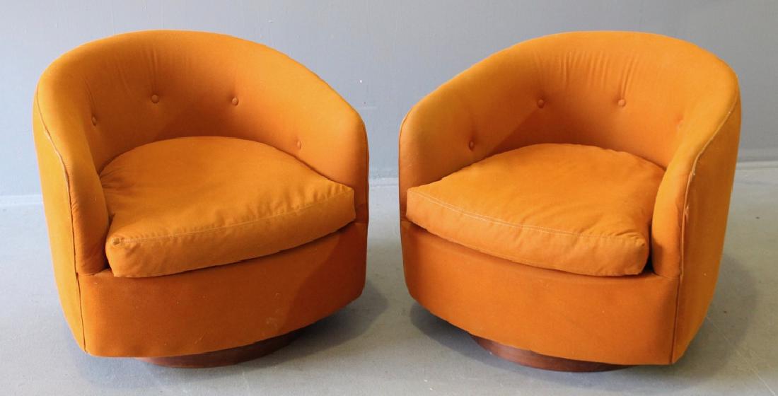 Pair Milo Baughman Barrel Back Chairs: Pair mid-century modern Milo Baughman for Thayer-Coggin, barrel back swivel chairs, signed, original orange ultra suede fabric, purchased by owner in 1965. Single loose cushion on platform swivel spri