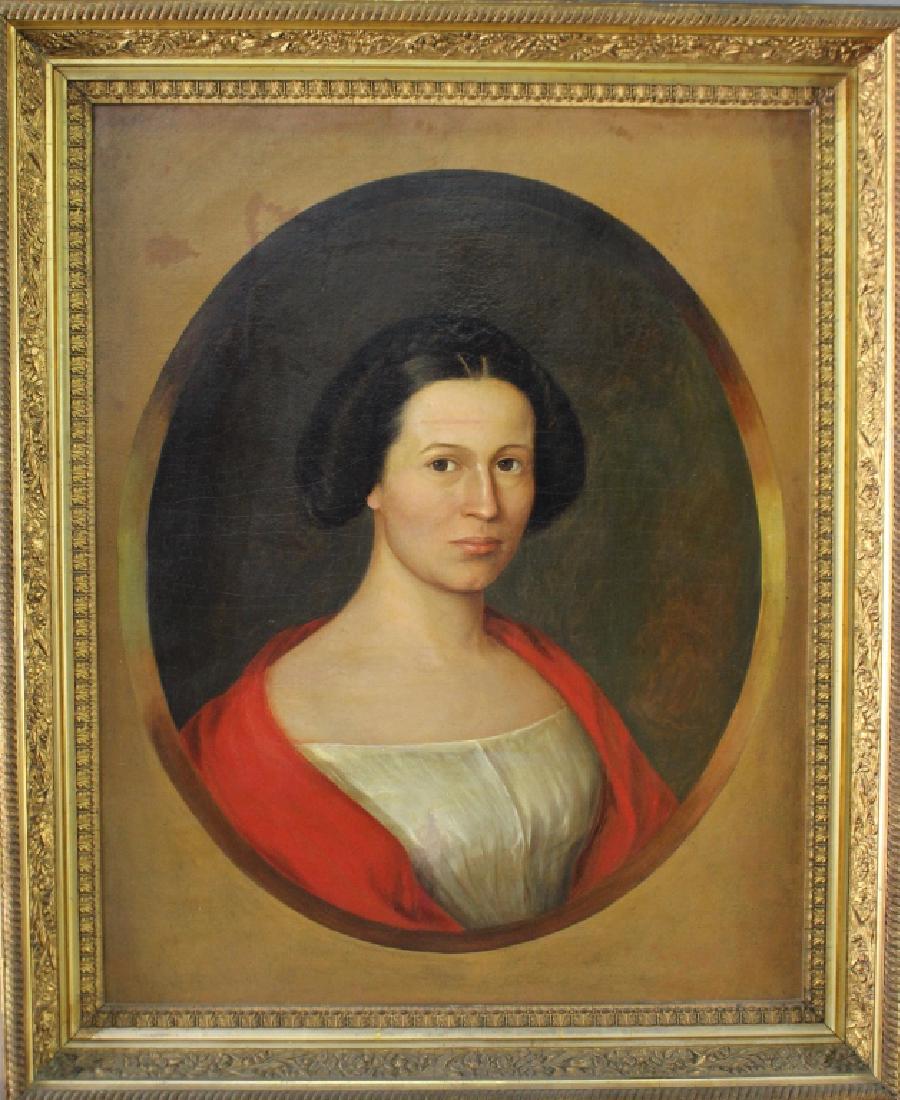 Italian Oil on Canvas Portrait: Italian oil on canvas portrait, c. 1800 of young dark haired lady with red shawl draped over her shoulders, 29.5" x 35.5" gold gesso frame with the subject encircled in a painted oval. Relined and pro