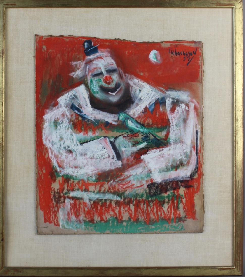 Nahum Tschacbasov, Pastel on Board: Nahum Tschacbasov, 1899-1984, pastel on board entitled "Clown with Bird", dated 1957, signed upper right, drawing is on thick board floated in frame, 18" x 21.5", accompanied by inscribed copy of book