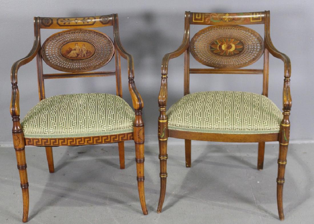 Two High Quality Armchairs: Two high quality armchairs in a Neo-Classical style, they are subtly different even though the same configuration and shape. One has classical figures hand painted in back medallion with Greek Key acc