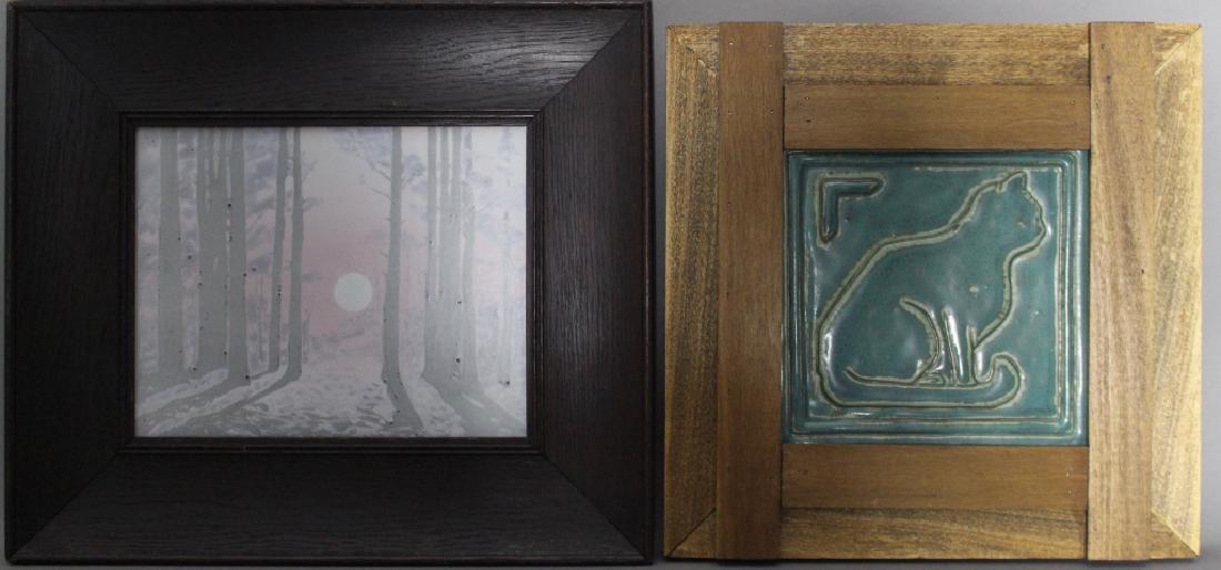 Two Contemporary Art Pottery Framed Plaques: Two contemporary art pottery framed plaques: Freiwald Art Pottery tile in the style of Rookwood Vellum, red clay tile base made in Portugal, scene of full moon through forested landscape, in 16" x 13.