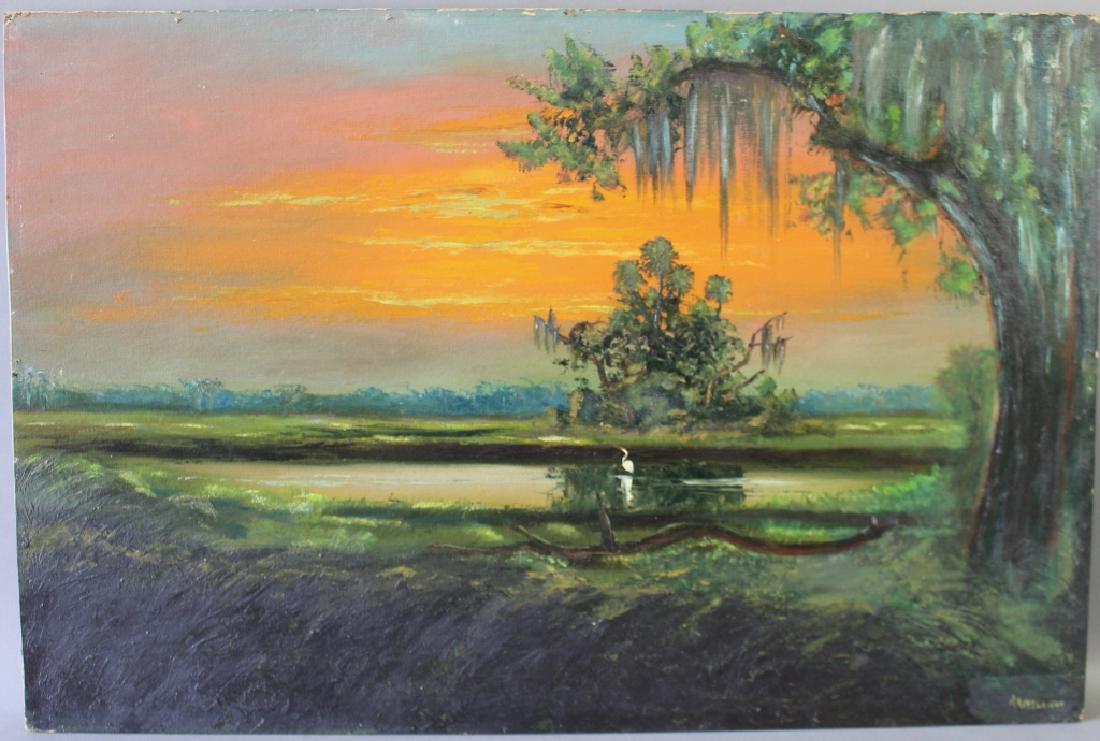 R. A. McLendon, Florida Highwaymen: R. A. McLendon, Florida Highwaymen artist, oil on upson board, lowland marsh scene with orange sky, trees with Spanish moss, white heron, c. early 1960s, 24" x 36", no frame, edges show where frame wa