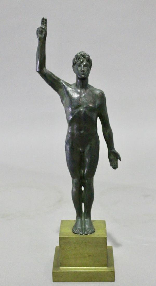 Pierre de Soete, 1886-1948, Bronze Sculpture: Pierre de Soete, 1886-1948, Belgian bronze sculpture "Le Sportif" champion nude male, on polished bronze stacked base, 13.75" h, excellent condition and patina, signed on base.