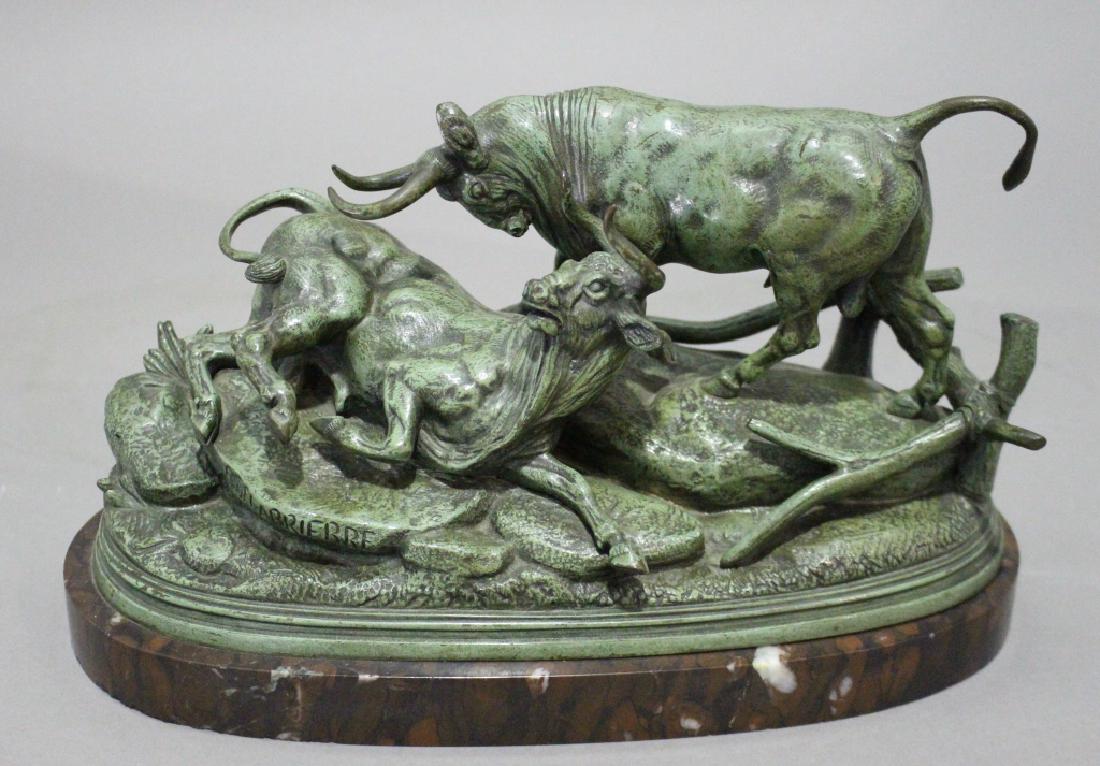 Paul Edouard Delabrierre, 1829-1912, French Bronze: Paul Edouard Delabrierre, 1829-1912, French bronze sculpture of two bulls fighting on rocky terrain, excellent condition on red marble stand, 7" x 11" x 5".
