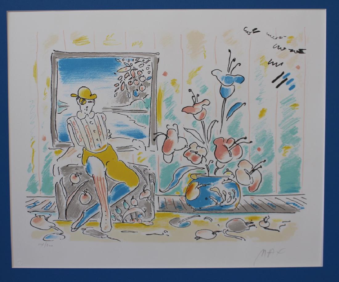Peter Max, B. 1937, Limited Edition Lithograph: Peter Max, b. 1937, limited edition lithograph 114/300, "Zero and Flowers", pencil signed lower right, embossed seal lower left, gold anodized frame 29.75" x 25.75", good condition.