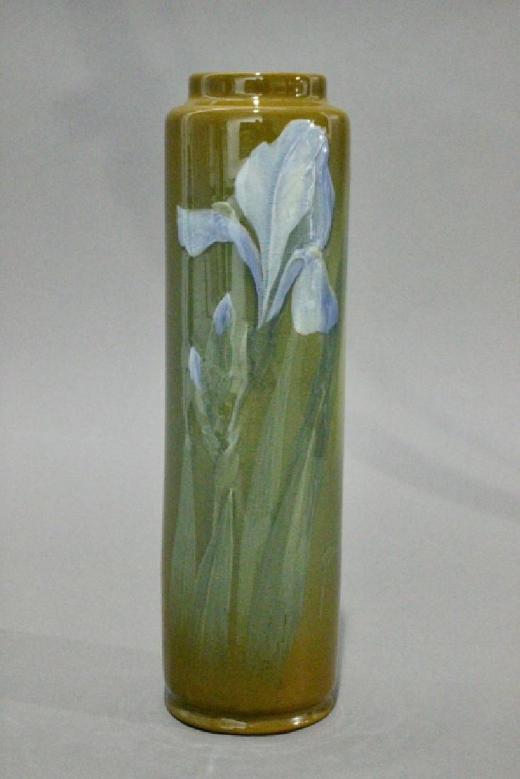 Owens Pottery Lotus Ware Vase: Owens Art Pottery Lotus Ware vase, generous 13" tall with Lily decoration, signed Ferrell, impressed Owens Art scepter mark, tiny atom size base nick, otherwise a very nice example by one of their bet