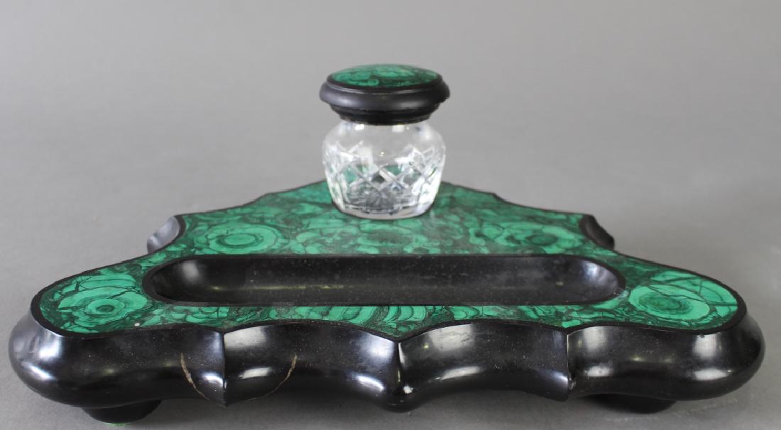 Russian Malachite & Marble Desk Set: Russian malachite & black marble inkstand and pen tray desk set. Beautiful green inlay in shield shaped stand on round feet. Inkwell is etched crystal, dings to underside lid of inkwell, very old repa