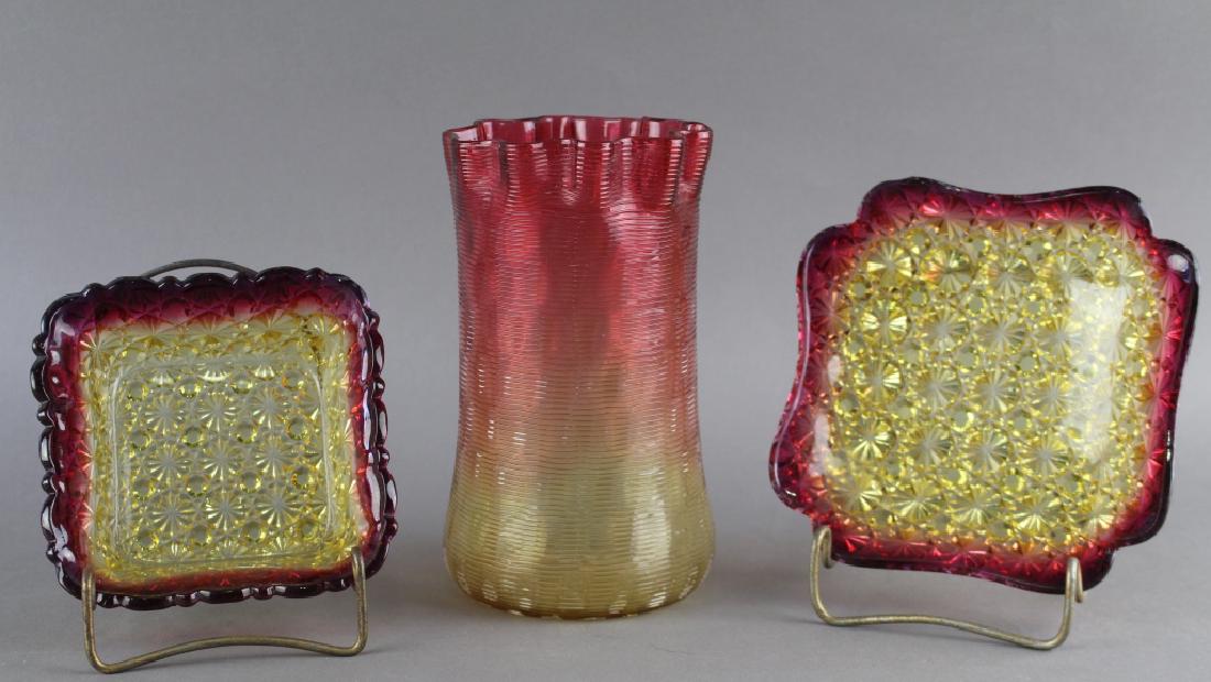 Three Victorian Amberina Glass: Three pieces Victorian Amberina glass: an unusual 6.75" threaded vase, and 2 Hobbs-Brocknier "Buttons and Bows" dishes, all good condition.