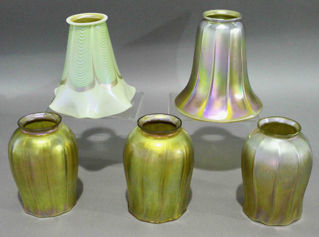 Five Art Glass Shades: Steuben and Quezal: Five Art Glass shades: 5.25" Steuben pulled feather (unsigned), 5.5" Steuben gold Aurene (unsigned), 3-5" Quezal gold shades, each signed, 2 with very minor collar chips.