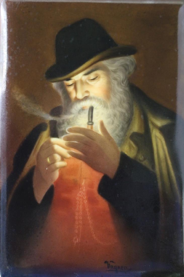 Berlin Porcelain Plaque of Man: 4" x 6", depicting a bearded gentleman lighting a pipe, signed Wagner, "Germany" in ink under glaze on back, excellent condition by Hutchenreuther, impressed mark.