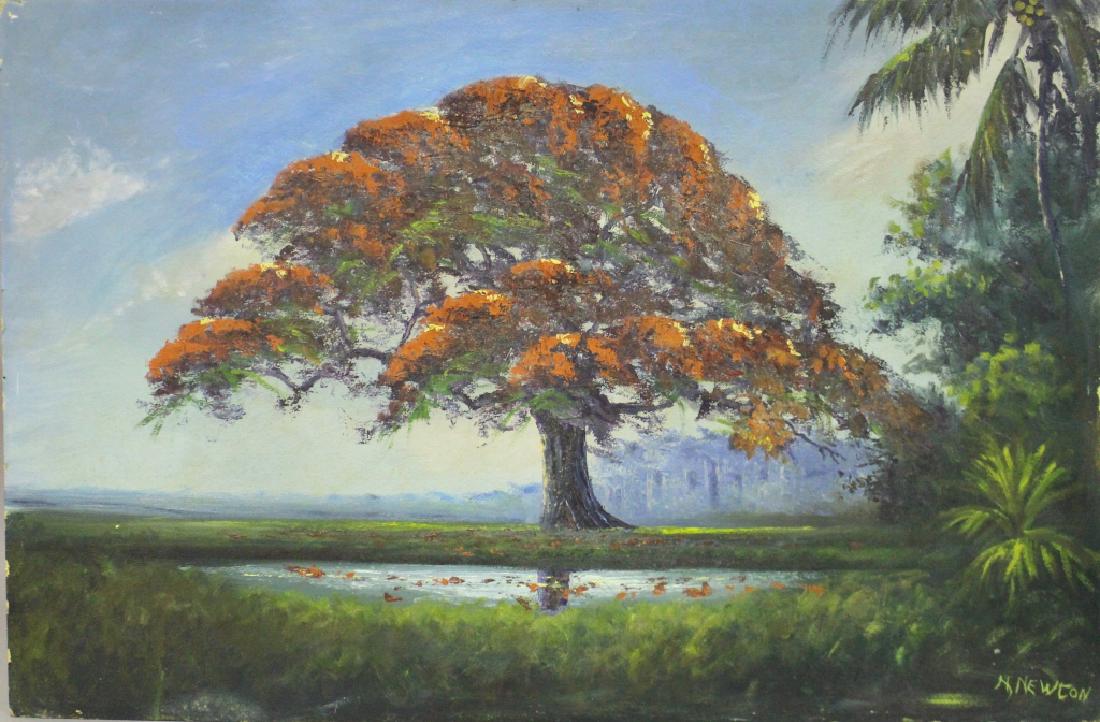 Roy McLendon, Florida Highwaymen Painting: oil on upson board with Royal Poinciana tree and tropical landscape, 36" x 24", no frame, provenance from the Estate of Jack Barnhill, son of E. G. Barnhill, good condition. NOTE: Added is a new photo