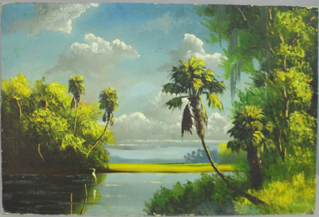 Florida Highwaymen Painting: oil on upson board, signed lower right, tropical landscape with lagoon, wading birds, palm trees and forests, very early painting, no frame, 36" x 24", filled in nickel size repair along bottom margin
