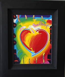 Peter Max, German b. 1937, Acrylic on Canvas: entitled "Hearts #210" c. 2004, 16" x 20" image, in 27" x 32" double black frame, signed upper right, excellent condition with COA.