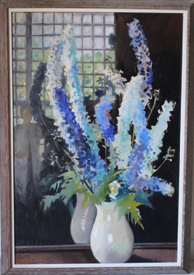 Jean MacLane, 1878-1964, Oil on Canvas: still life of Delphiniums in white porcelain vase, this painting cleverly shows reflection in mirror of the subject and distant reflection of the artist at her easel, dated 1926, signed lower left and