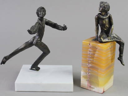 (2) Paul Fairley (Farley), 1948-1991 Bronzes: each signed limited edition figural bronzes, a 6.75" ice skater on a 4" x 4.5" white marble base, 432/500 and a young boy wearing a Pierrot leotard and collar costume on an onyx base, 7", 96/500 dated