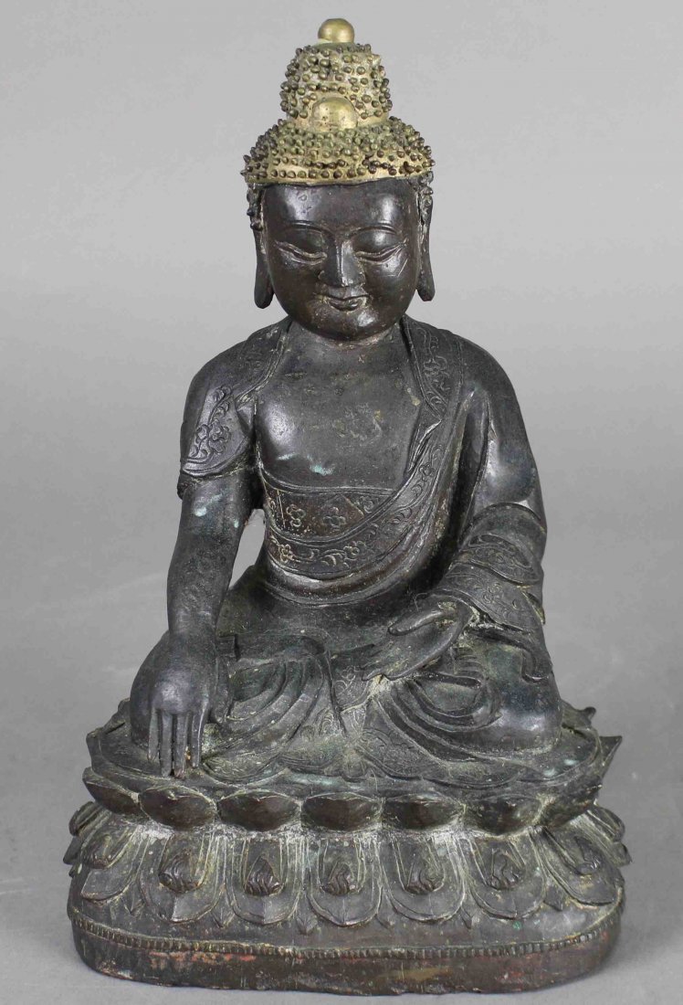 Chinese Bronze Buddha Statue: seated cross-leg on lotus plinth, gilt headdress, intact, mid-19th century 10.75" x 7" x 5".