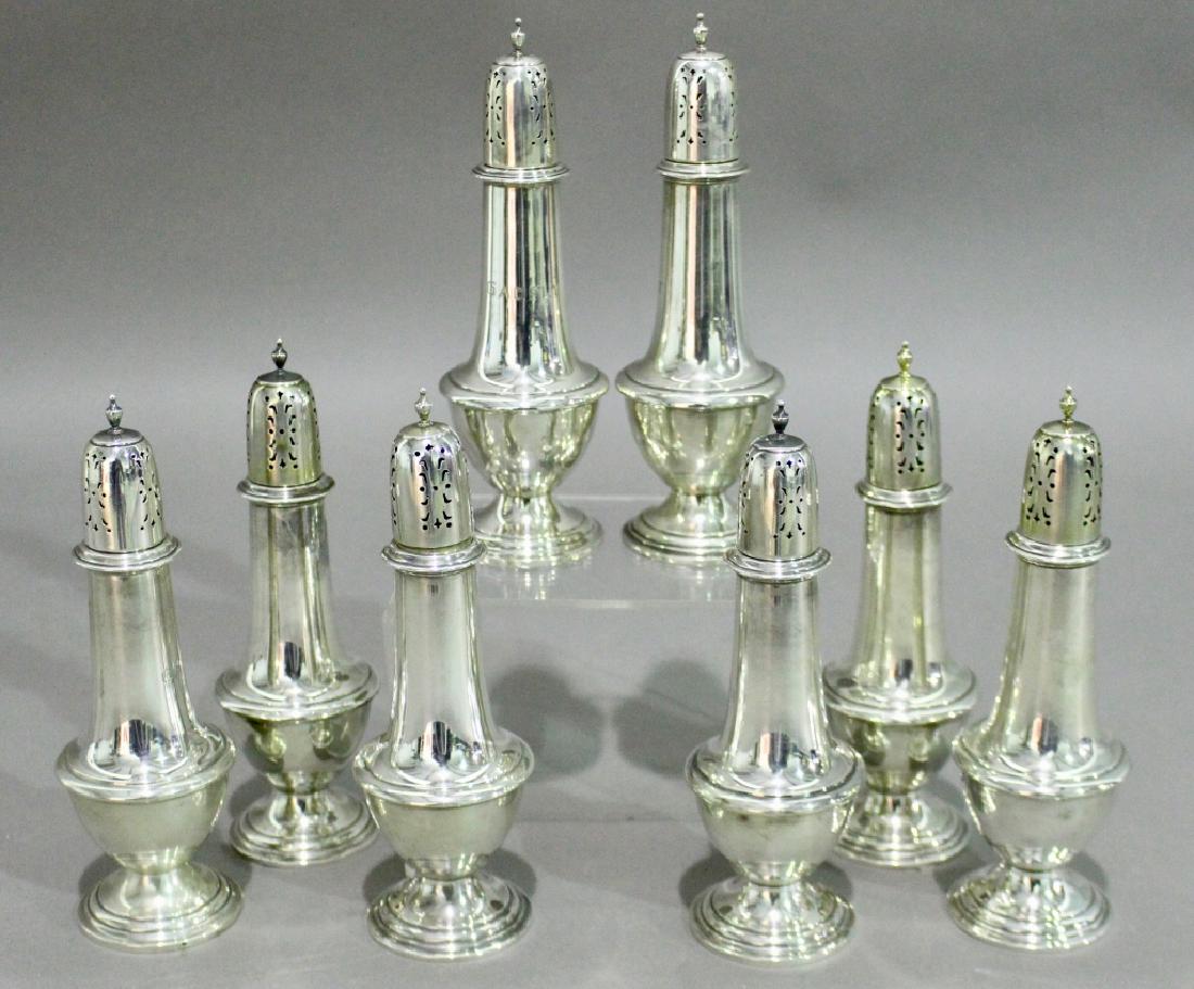 Eight Sterling Sugar Shakers from Dupont Estate: by Gorham, these are from the estate of Alfred I Dupont, Jacksonville. Each monogrammed with "Gadfly", which was the Dupont's 107' yacht they used for cruising and entertaining. Minor dings on some, o