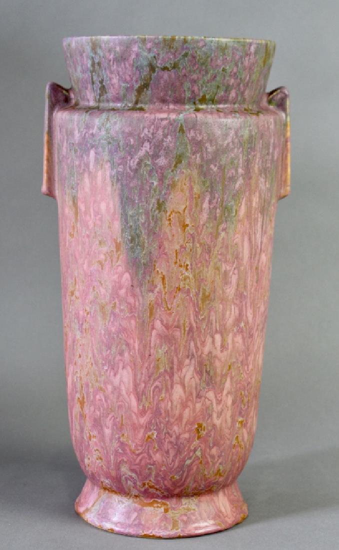 Roseville Carnelian II Vase: 15.25" tall, layered swirling glaze over red, with pinks and greens, very good condition, very uncommon form, unsigned.