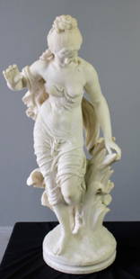 Biggi Fausto, White Marble Statue: Italian, late 19th century, entitled "Summer", signed 39" tall, 14" diameter base, four fingers and thumb missing on right hand, little finger on left hand, otherwise no other damage. This is a magnif