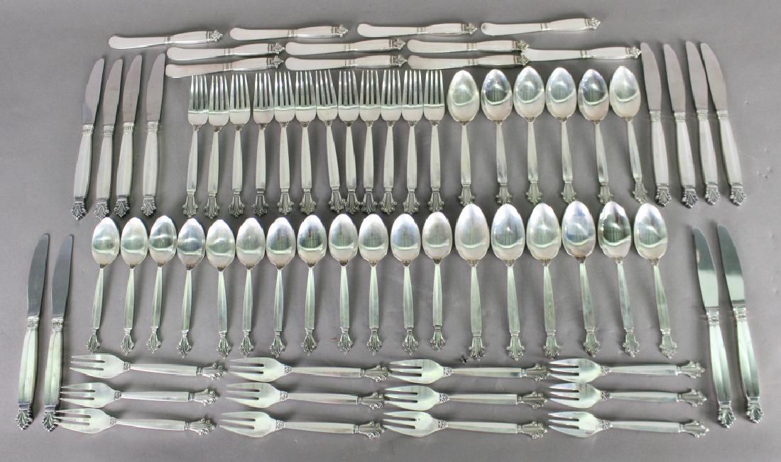 Georg Jensen Sterling "Acanthus" Flatware: service for 12, consisting of 12-7" DF, 12-8.75" DK, 12-7" large TS, 12-6" TS, 12-6.75" SF, 11-6" BK, 71 pieces total, designed by Johan Rohde, post 1945 mark.