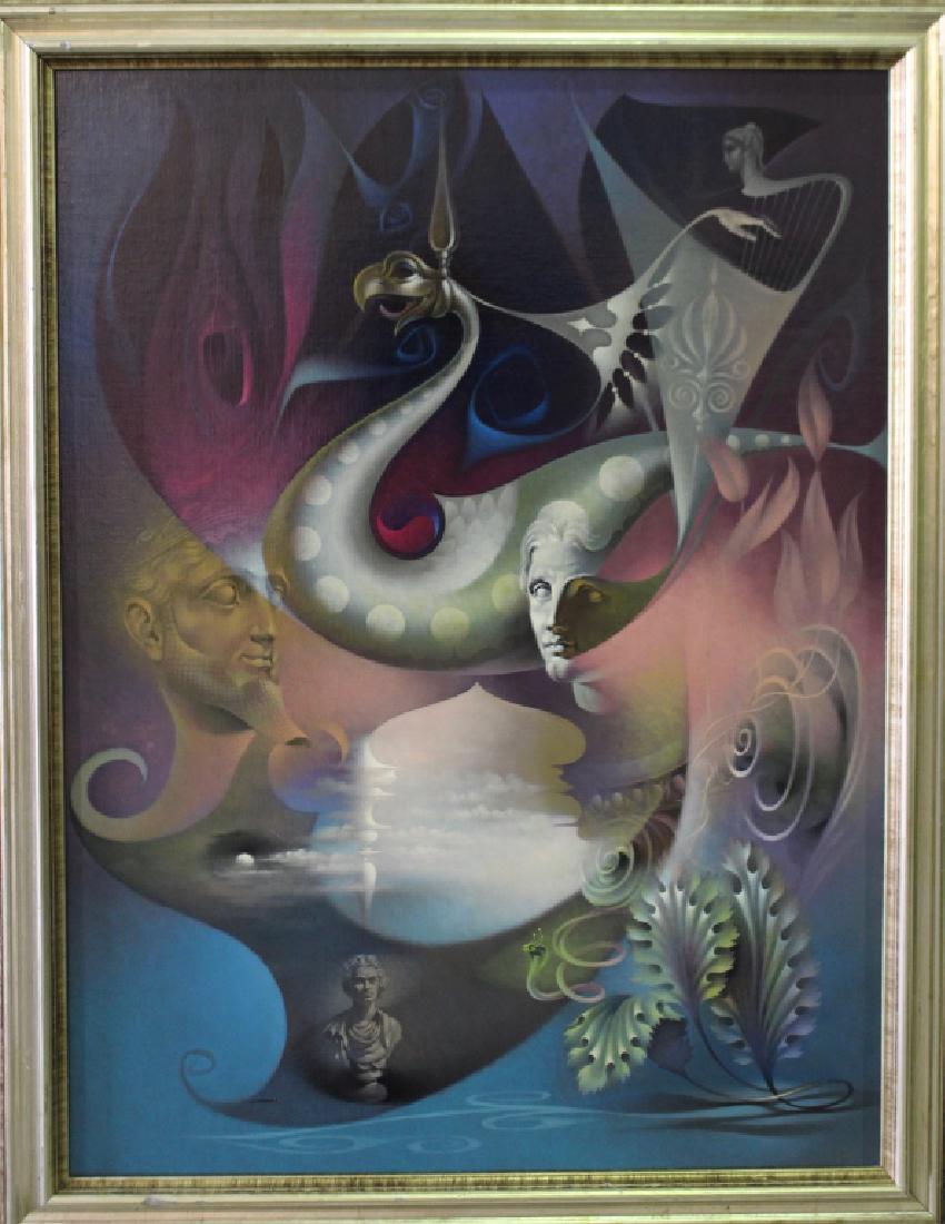 Daniel Samuels, 1917-1988, Oil on Canvas: bonded to plywood panel, titled "Invitation to a Sacrament" or the "Apotheosis of Alexander", scene depicts artist's exuberance for the Macedonian Alexander the Great with Beethoven as described in de