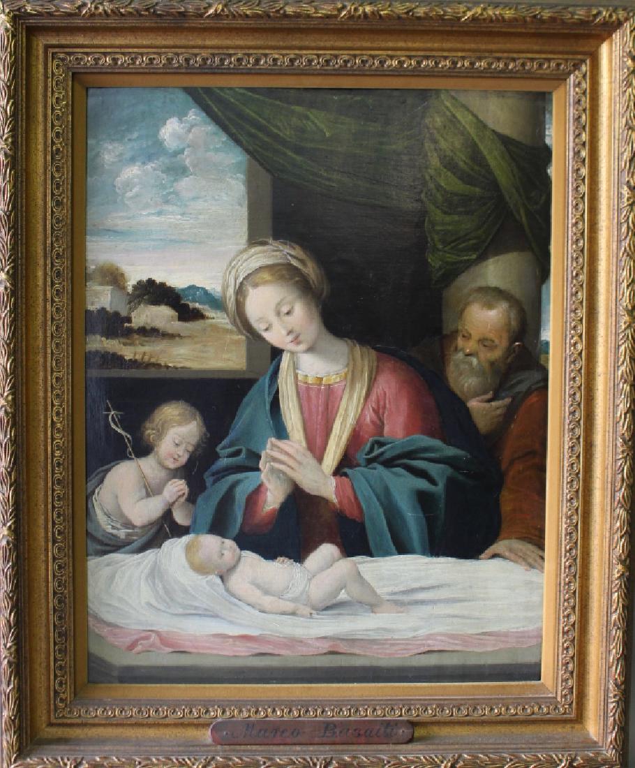 Marco Basaiti, 1470-1535, Oil on Panel: Madonna and child with angelic cherub and elder onlookers. While this painting is an attribution, it is necessary to report what we know. The work is descended through to estate of the owner, recently