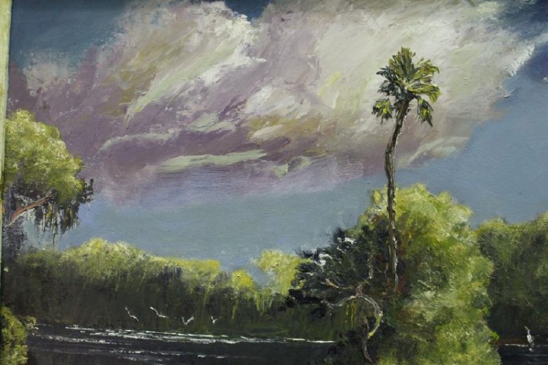 Florida Highwaymen Painting: oil on upson board, signed lower right, 40" x 27", molding frame, very well executed scene of lagoon surrounded by tropical vegetation, wading birds, pink and white clouds in vibrant blue sky, provena