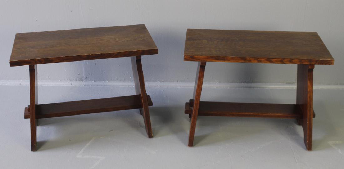 Pair Arts & Crafts Style Oak Benches: in solid oak from Stickley by Audi, quarter sawn with dark finish, through tenon stretchers, signed, dated 9/28/2003, excellent condition, 24"w, 13"w, 18"h.