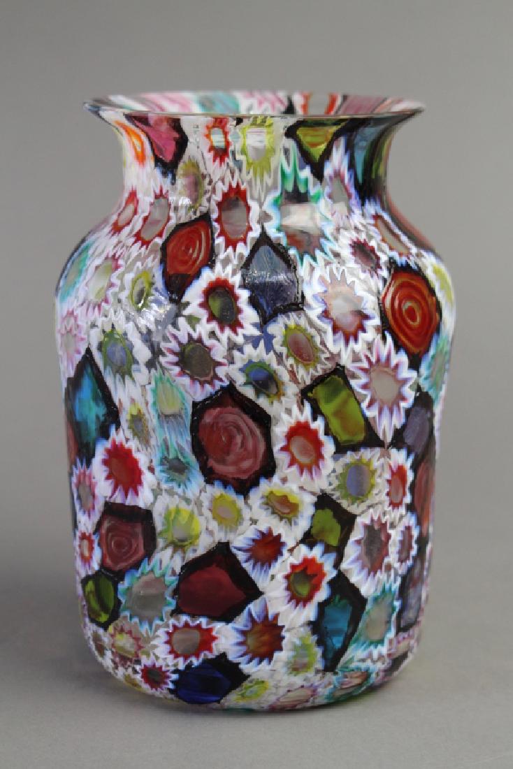 Fratelli Toso, (attribution) Millefiori Vase: Italian art glass, 7" unsigned, solid multi-colored and bulls eye sections outlined in black, the rest of the body filled with star burst multi-colors, great condition.