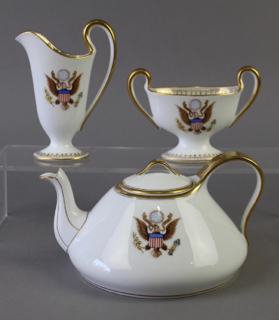 Presidential Seal 3 Piece Tea Set: by T & V Limoges, sold through Old Remembrance Shop in Washington, DC. Signed, ink stamp, good condition. c. 1920s. Teapot 4.5" x 8.5".