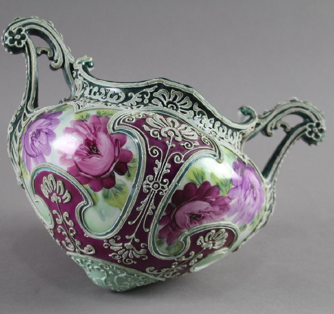 Rare Nippon Moriage Hanging Basket: with much raised beading and outlines of floral panels, c. 1890, unmarked, mint, 11.5" x 8".