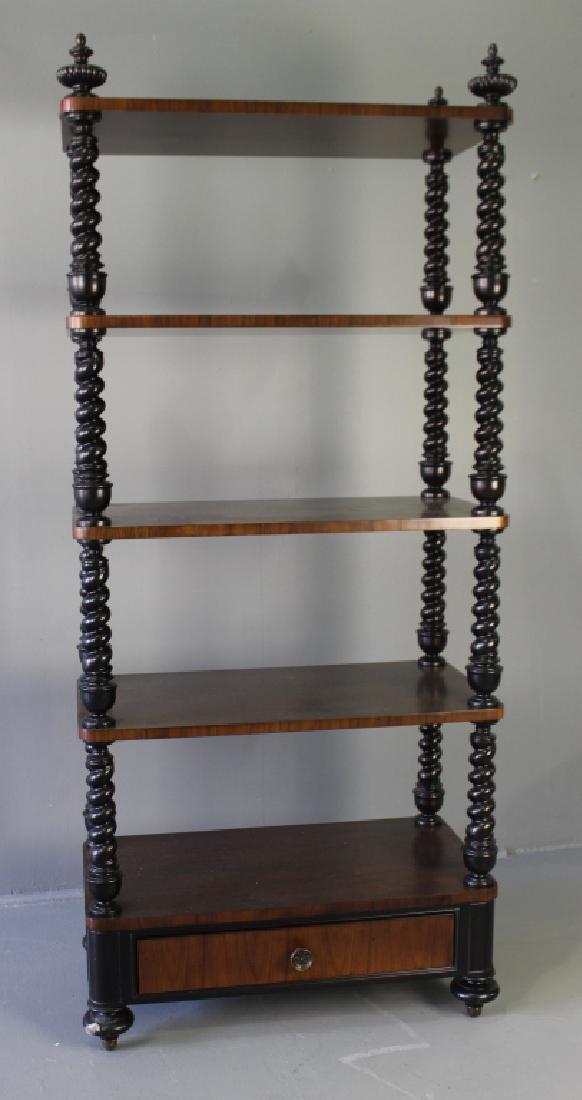 Contemporary Five Shelf Etagere: with bottom drawer from the Ernest Hemingway Collection by Thomasville Furniture, late 20th century, good solid supports of ebonized barley twist columns capped by finials with almost matching feet, m