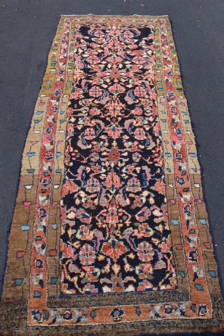 Persian Tribal Runner 110" x 44": uneven border with primitive weave, almost childish, busy floral red and blue field, charming.